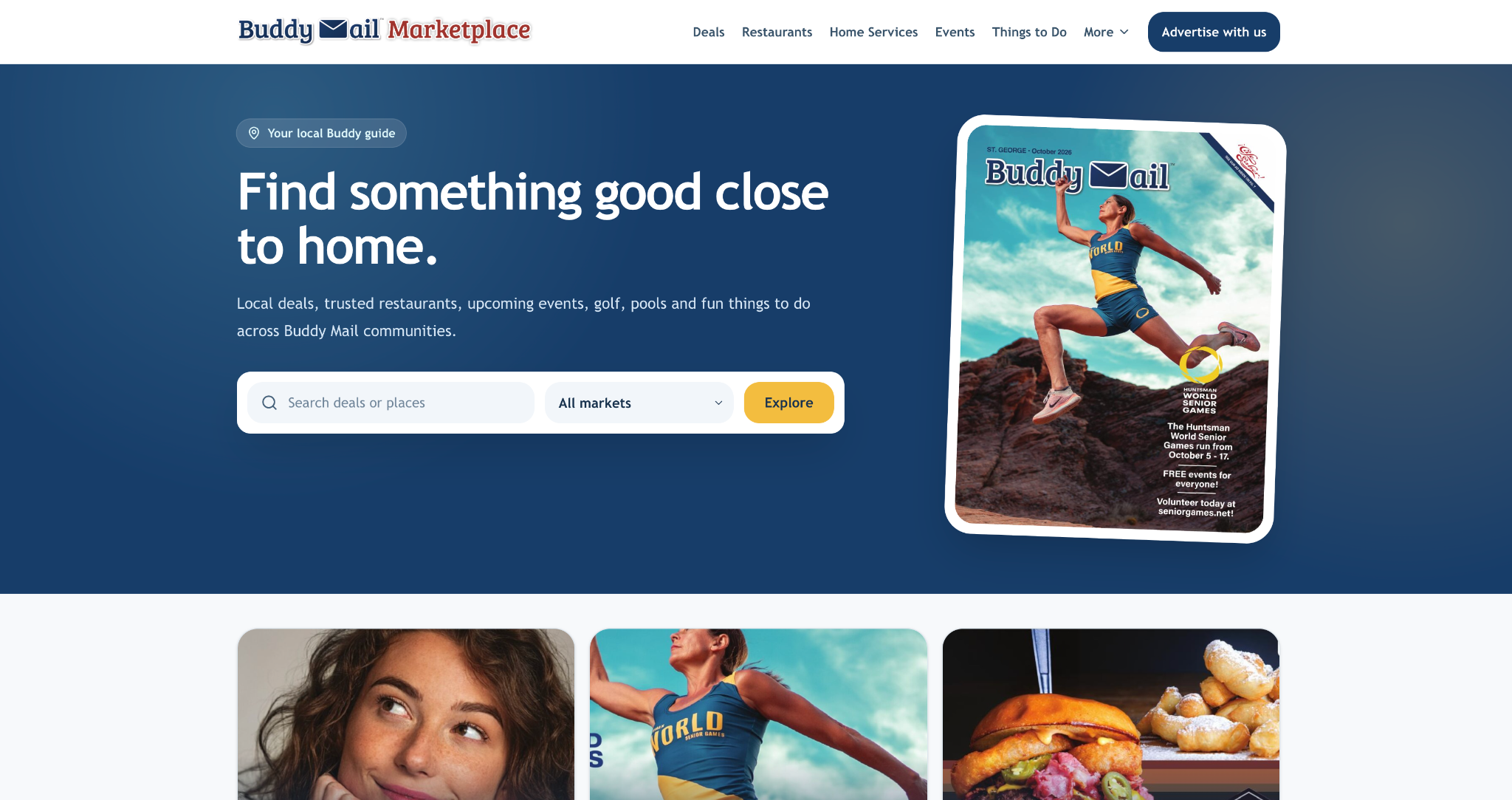 Buddy Mail Marketplace homepage showing local search and the October St. George magazine cover