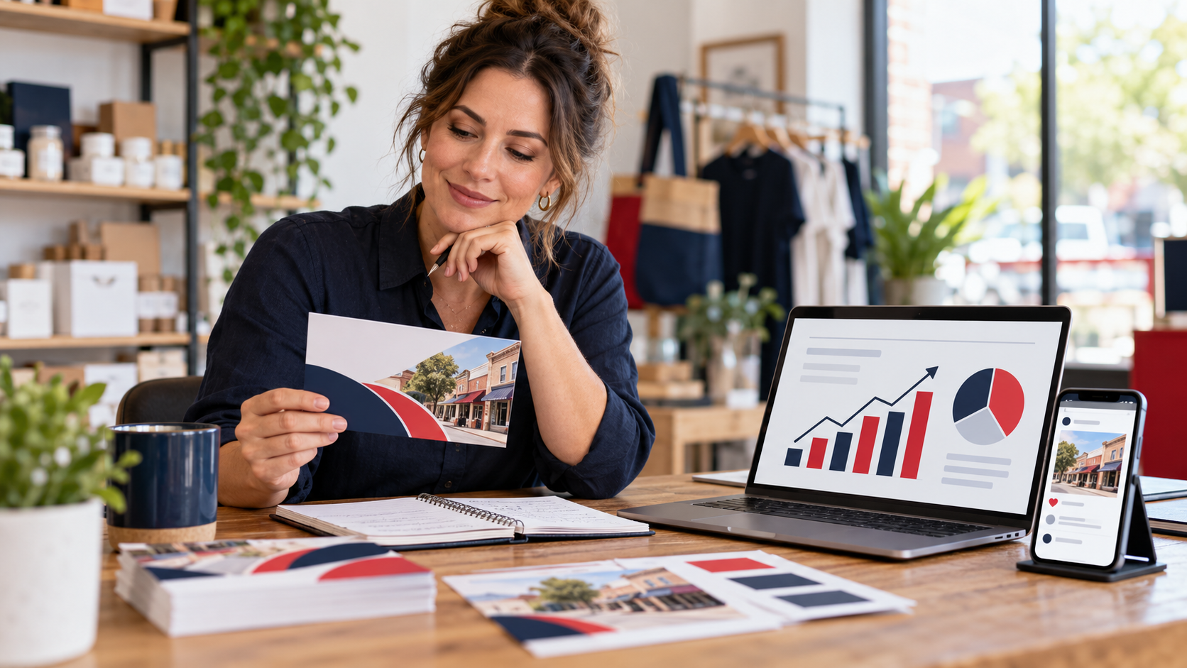 Local business owner reviewing a printed mailer alongside a laptop and phone